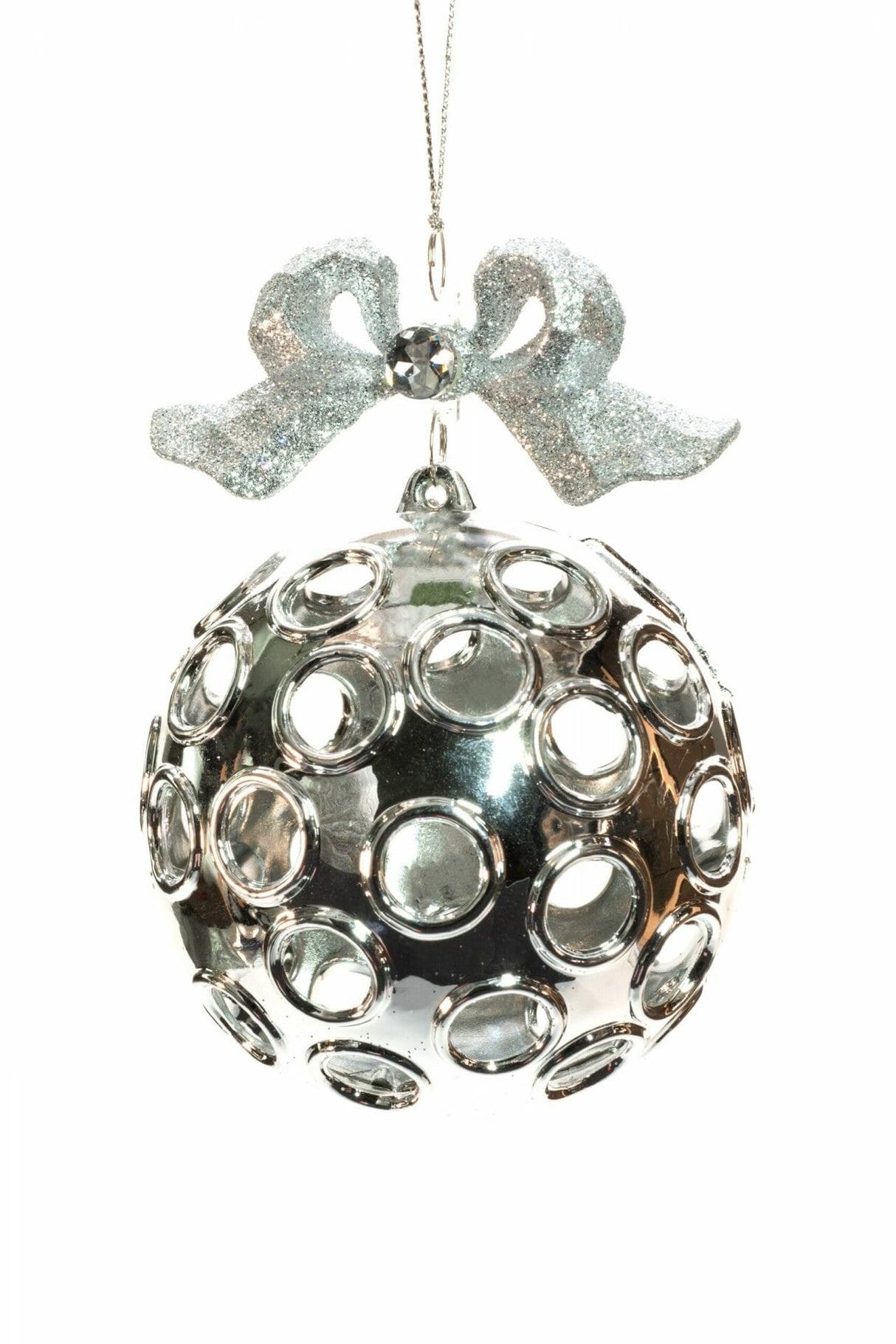 4.25" Hanging Silver with Holes Ball Ornament with Glittered Silver Ribbon