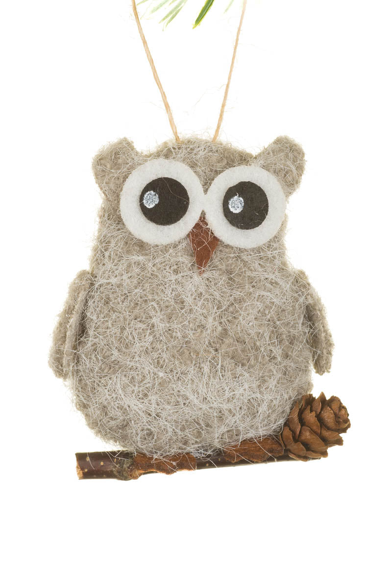 2.75" Hanging Gray Fabric Owl Ornament On Branch