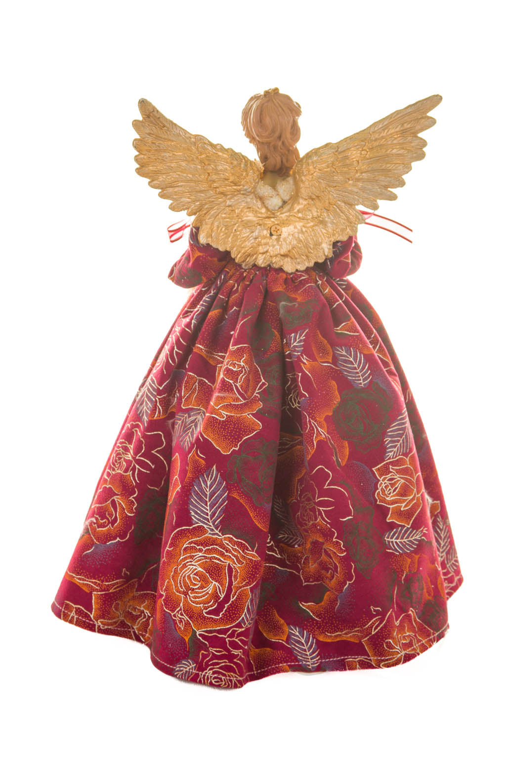 15" Floral Burgundy and Gold Cotton Monarchical Warm White LED Angel Tree Topper
