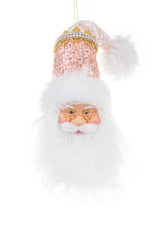 9" Hangable Sequin White and Baby Pink Cloth Santa Head Ornament