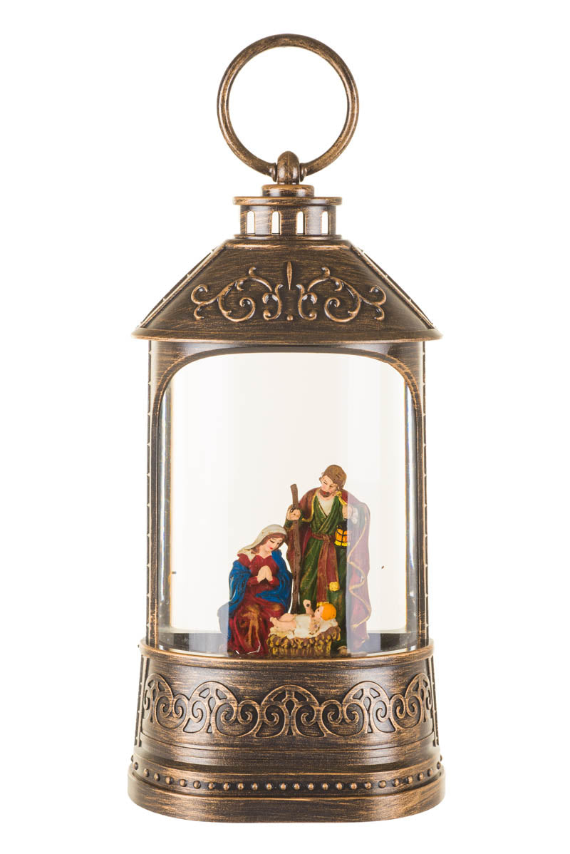 8.25" Musical Bronze Plastic Water Lantern Warm White LED Snow Globe with Nativity Scene