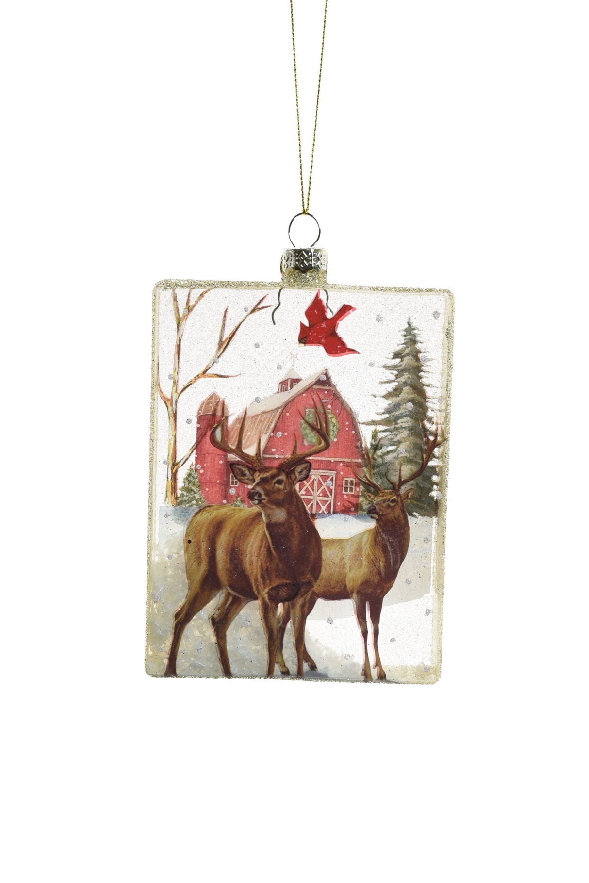 5" Hanging Clear Glass 3D Picture Frame Ornament with Two Reindeer and Barn