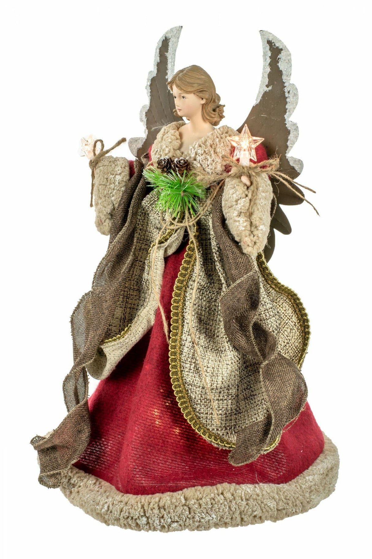 16" Burgundy Rattan Rustic 10-Light Angel Tree Topper with Metal Wings