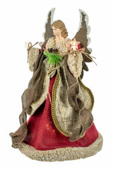 16" Burgundy Rattan Rustic 10-Light Angel Tree Topper with Metal Wings