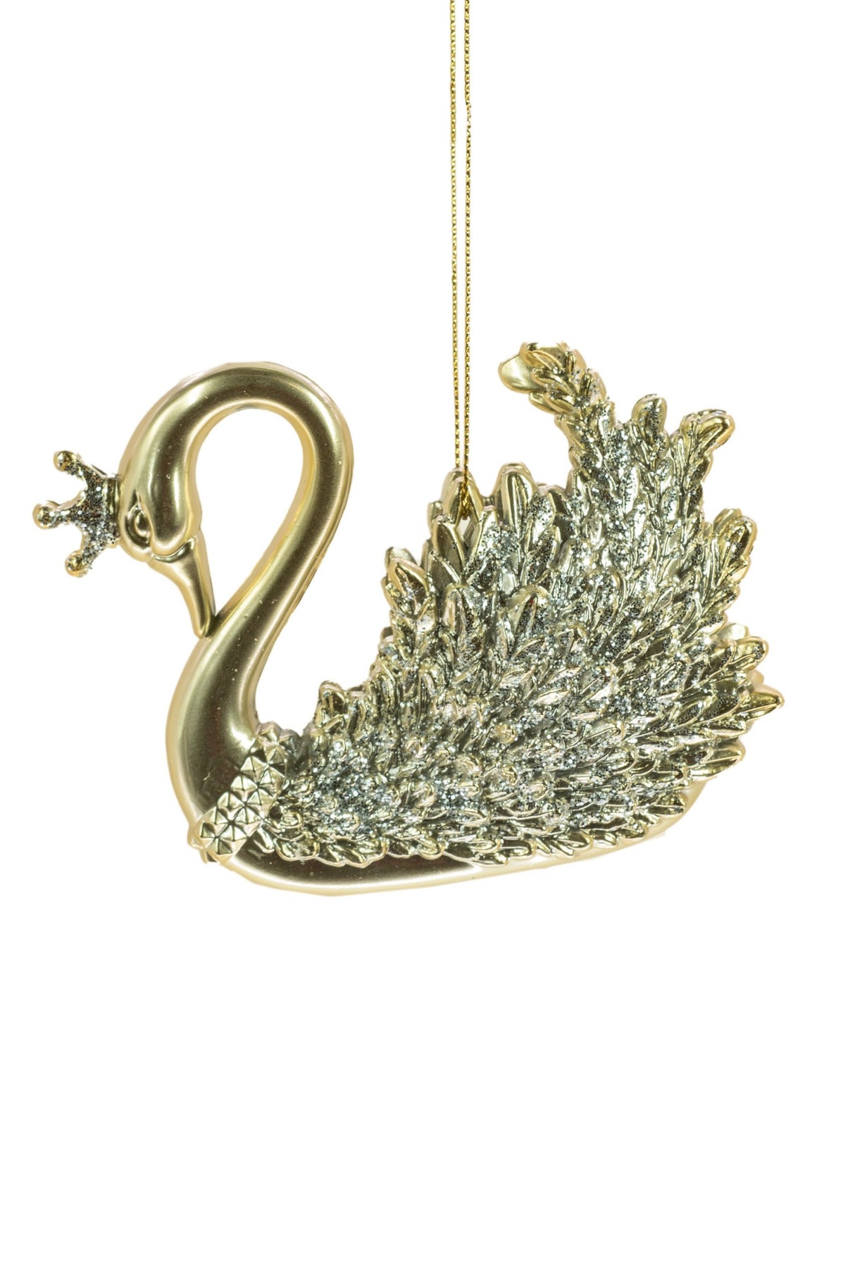 4" Hanging Gold Swan Ornament with Glittered Wings