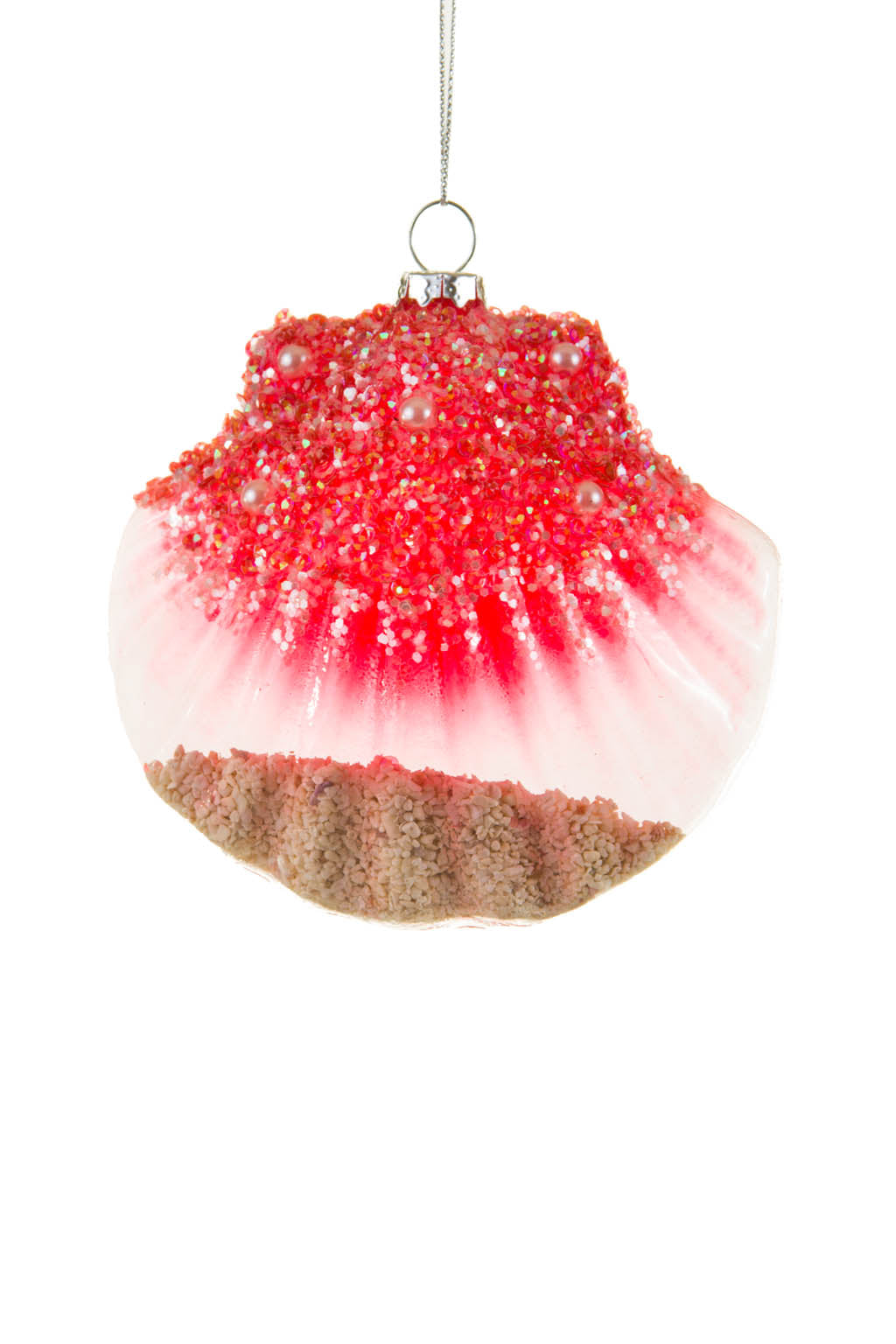 4.25" Hanging Red and Peachy-Red Glass Oyster Ornament with Sequins and Pearls