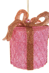3.25"Hangable Pink Acrylic Gift Box Ornament with Bronze Ribbon