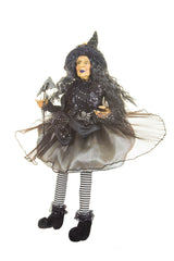 20" Sitting Black and Grayish Silver Cloth Smiling Witch Figure with Masquerade Mask