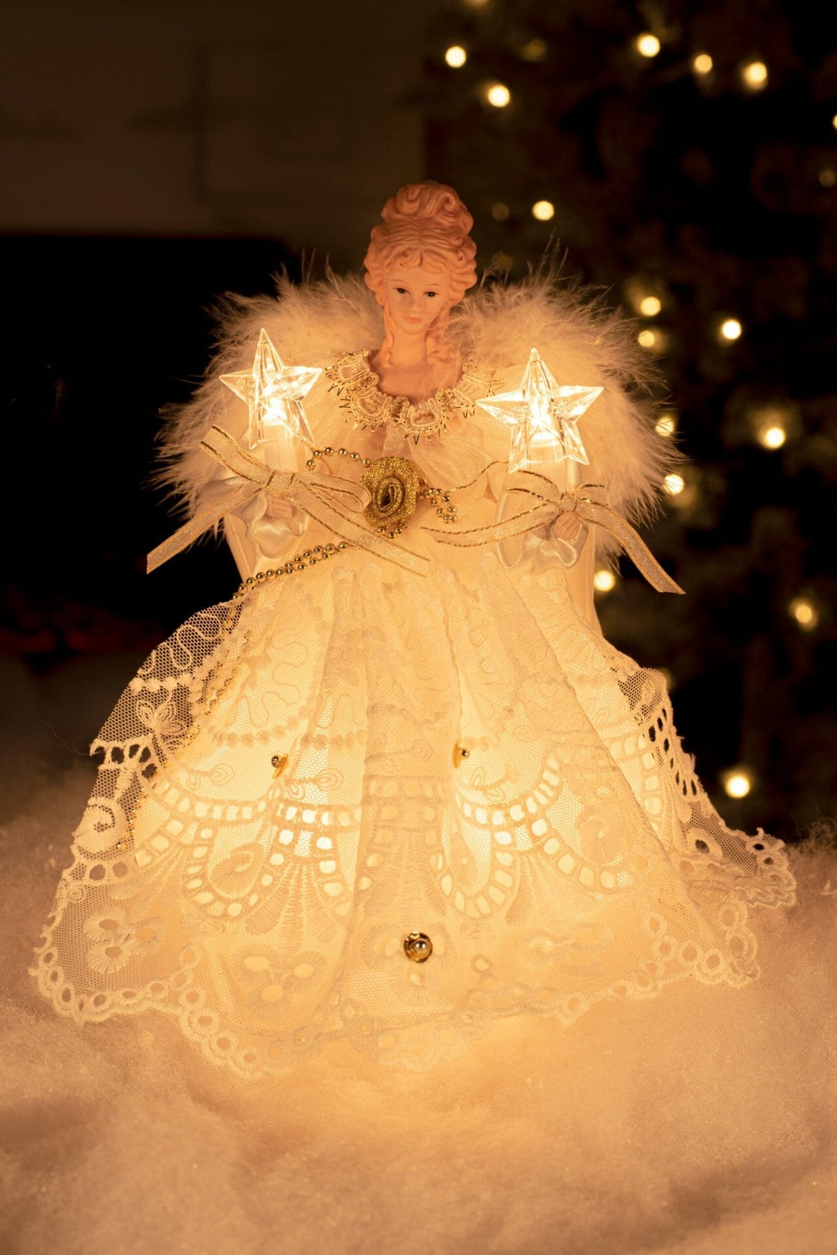 9.5" White Cloth Small Vintage 10-Light Angel Tree Topper with Vintage Linen Skirt