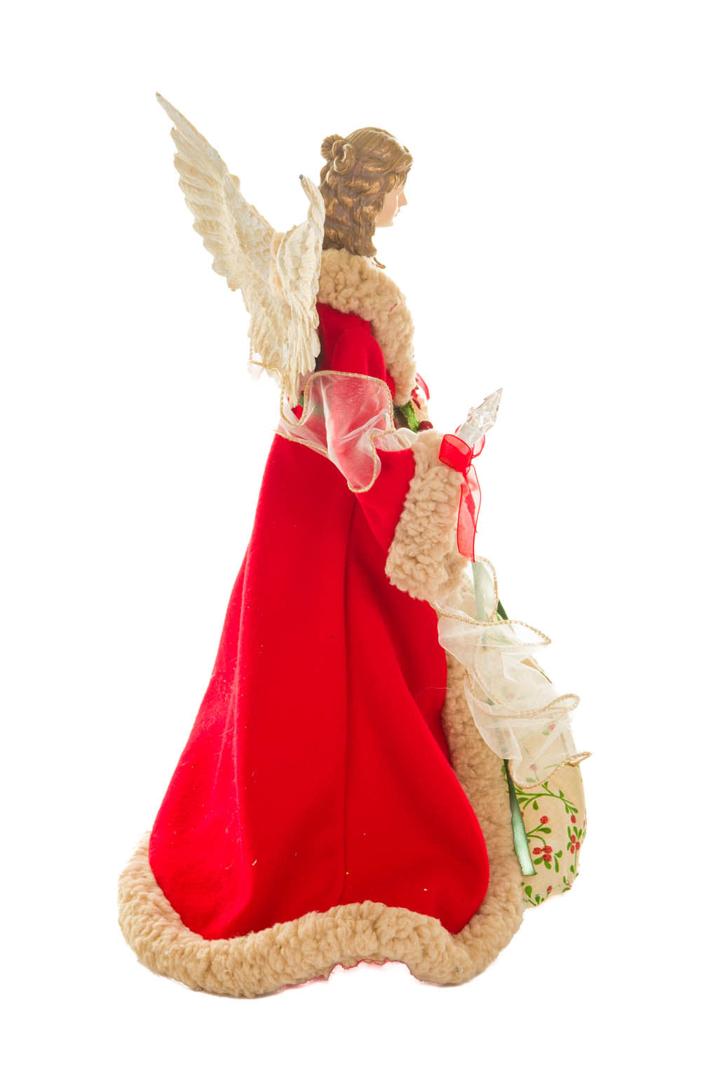17" Large Red and Beige Cotton Chic Warm White LED Angel Tree Topper with Glowing Stars