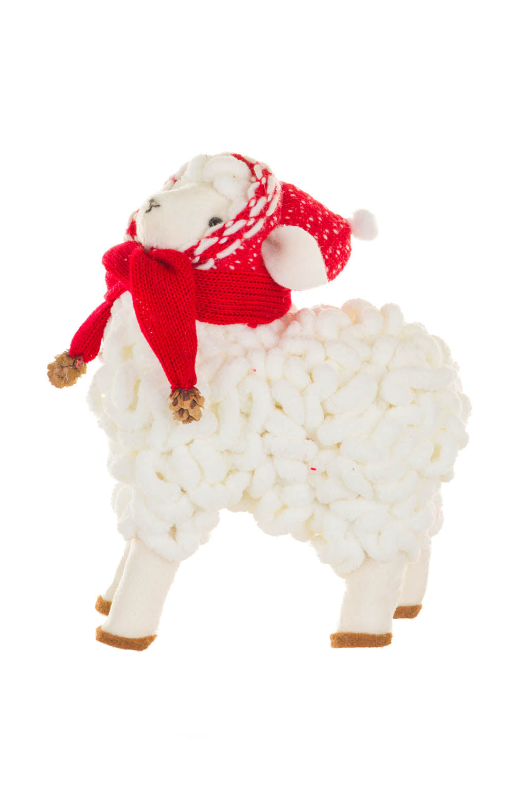 5" White and Red Cotton Sheep Figurine with Winter Scarf