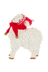 5" White and Red Cotton Sheep Figurine with Winter Scarf