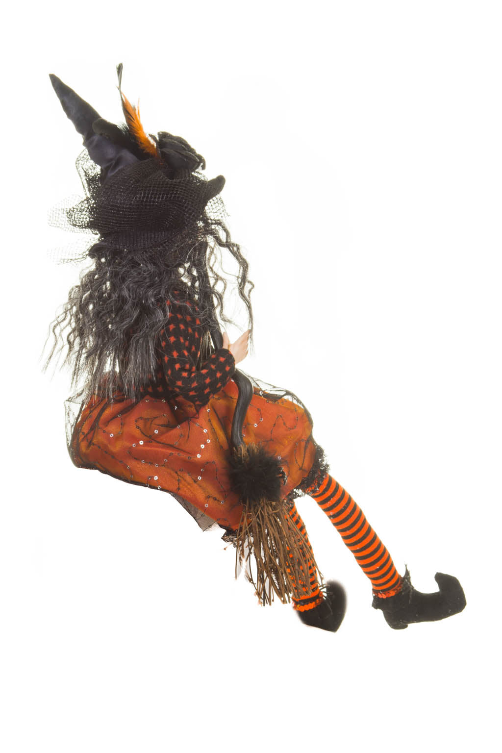 28" Sitting Orange and Black Cloth Compelling Witch Figure with Broomstick