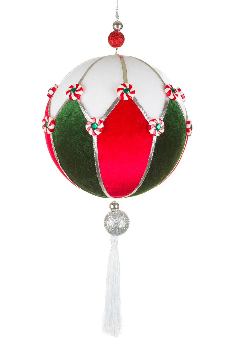 17" White and Red Fabric Ball Ornament with Tassel