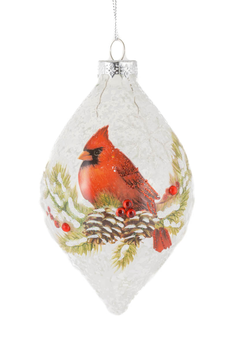 5.75" Frosted Hanging White Glass Finial Ornament with Cardinal