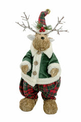 16" Brown and Green Wood Straw Reindeer Figurine with Pants