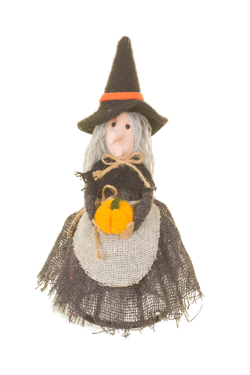 7.5" Hangable Gray Fabric Witch Doll with Pumpkin