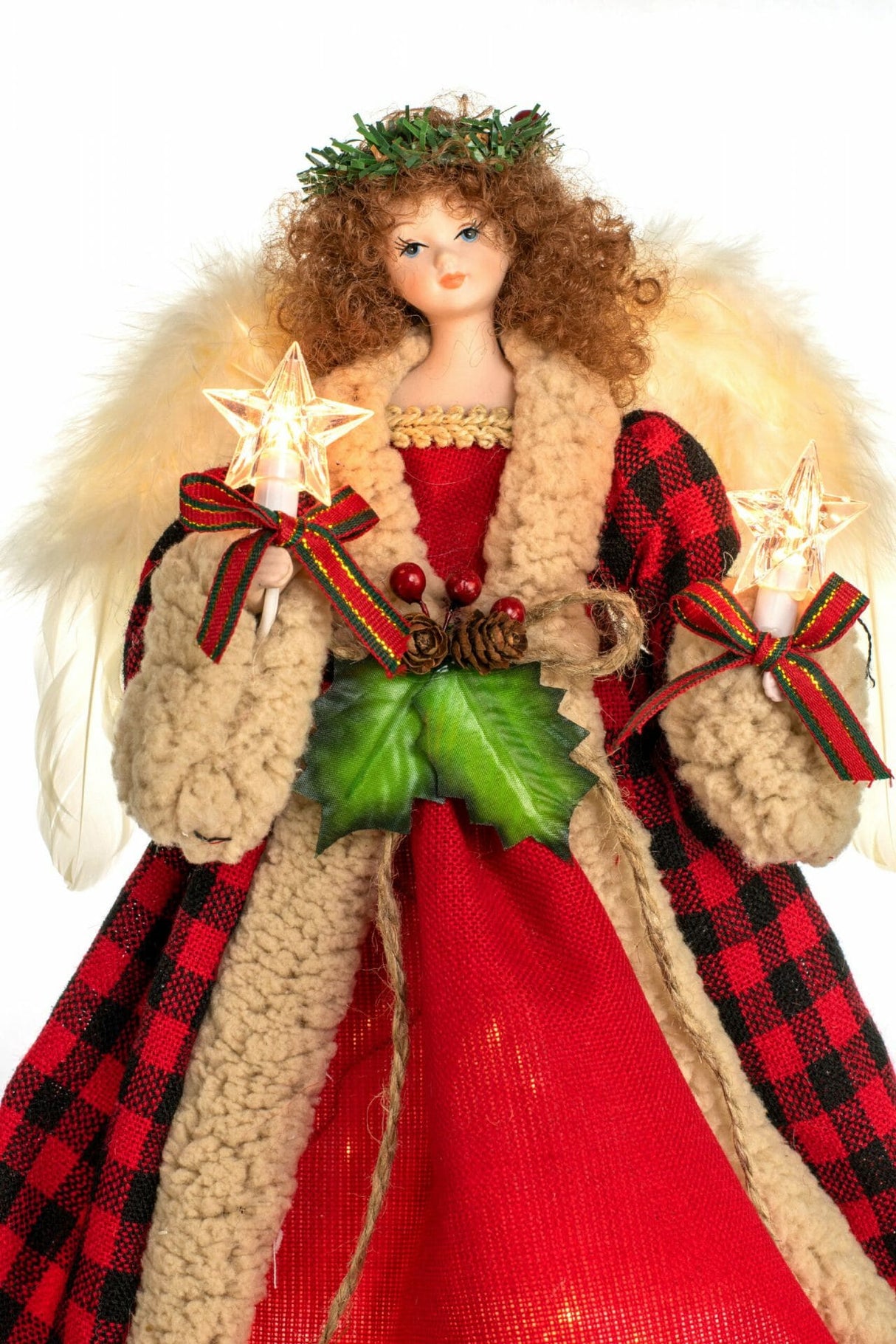14" Red and Black Cloth Brown Hair 10-Light Angel Tree Topper with Laurel Wreath