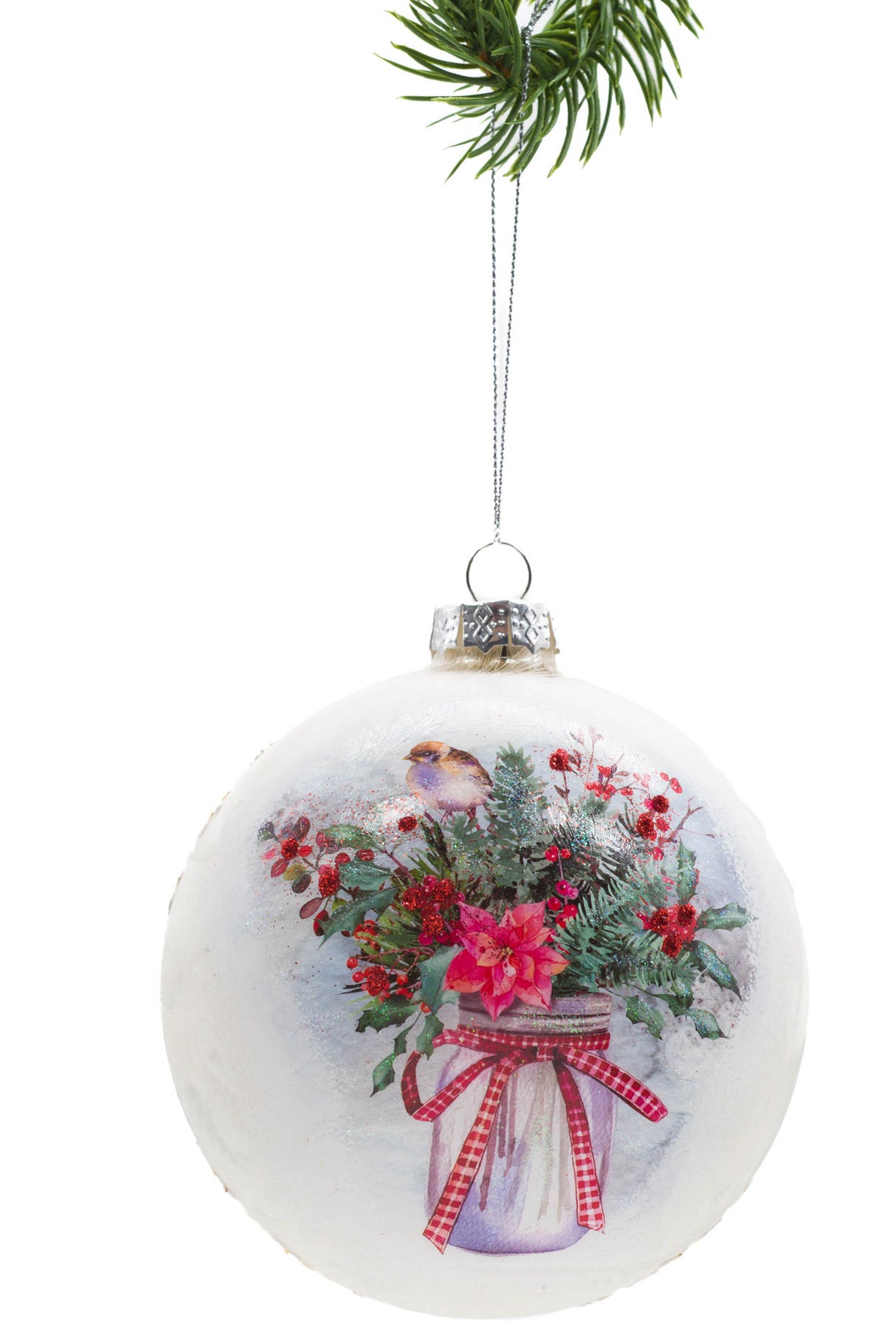 5.25" Hanging White Glass Painted Ball Ornament with Potted Flowers