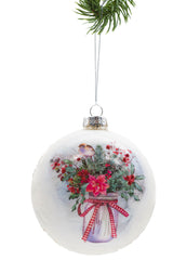 5.25" Hanging White Glass Painted Ball Ornament with Potted Flowers