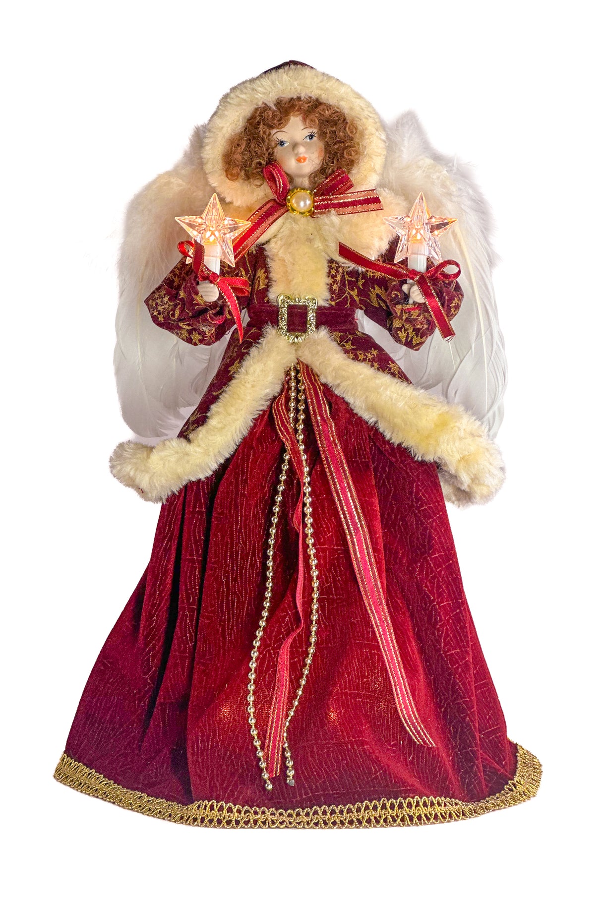 14" Burgundy and Ivory Cloth Victorian Angel Tree Topper with White Fluffy Feathers
