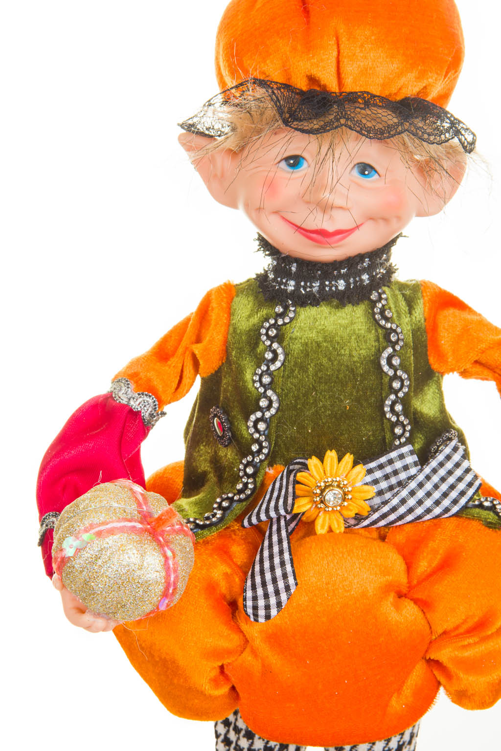 17" Orange and Green Cloth Elf Boy Doll with Pumpkin Hat