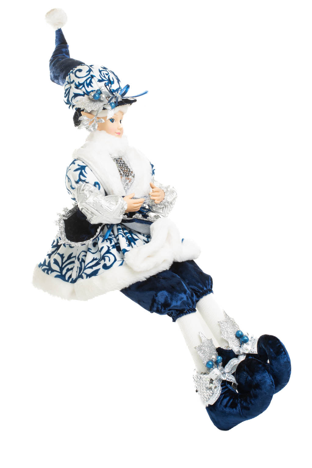 24" Sitting Chintz Blue and White Polyester Dapper Elf Doll with Holly Coat