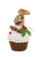 7" Brown and White Fleece Mouse On Cupcake Figure with Cinnamon Bun