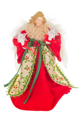 10" Chintz Red and Beige Cotton Cozy Warm White LED Angel Tree Topper