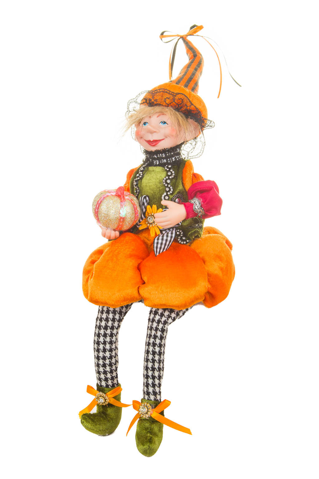 15" Orange and Green Cloth Elf Girl Doll with Pumpkin Hat