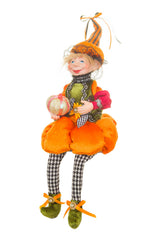 15" Orange and Green Cloth Elf Girl Doll with Pumpkin Hat