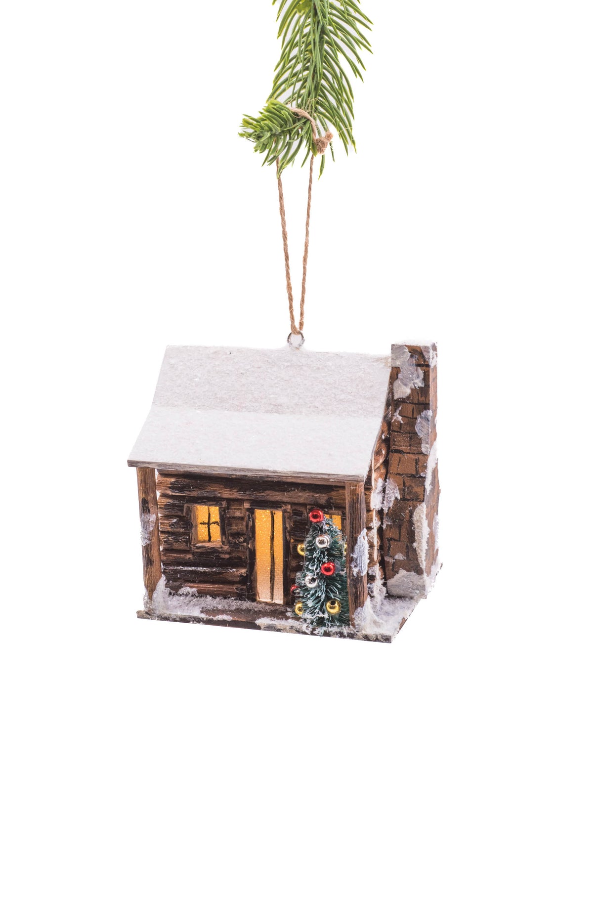 4" Hanging Brown and White Wooden Cabin Illuminated Ornament with Christmas Tree