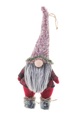 13.5" Hanging Buffalo Plaid Red and Brown Cloth Gnome Ornament with Skis