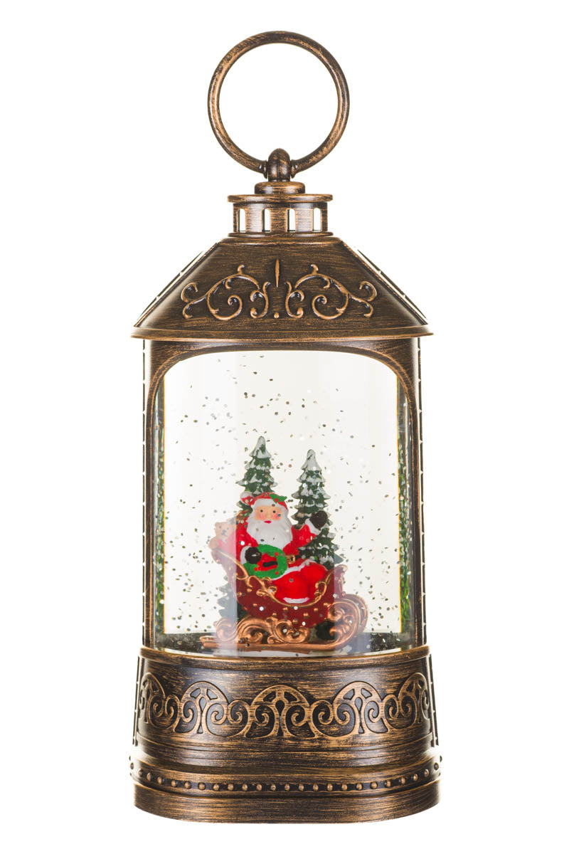 8.25" Musical Bronze Plastic Lantern Warm White LED Snow Globe with Waving Santa In Sleigh