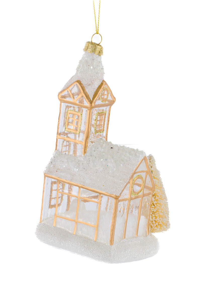 6" Hanging Gold Glass Snowy Chapel Ornament
