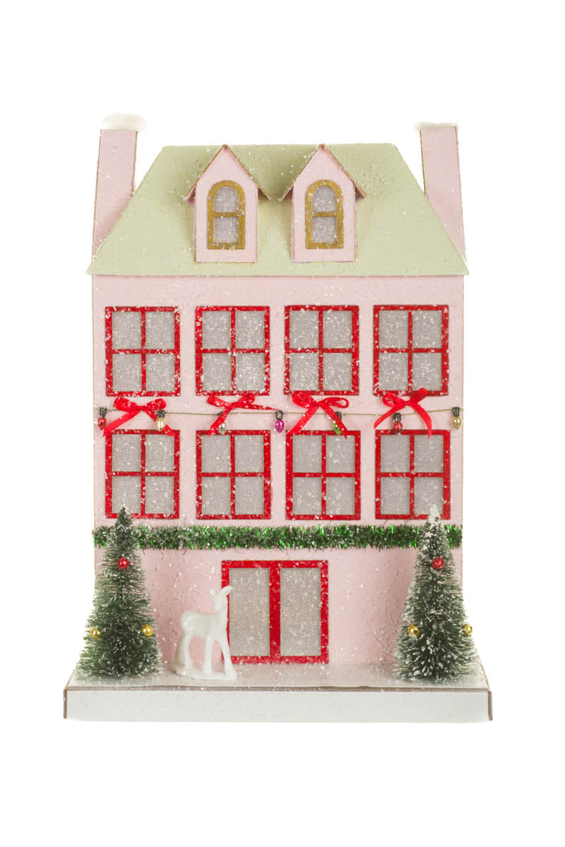 11.5"Pastel Pink Card Apartment Illuminated Display with Garland