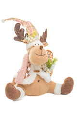 16" Cozy Sitting Plaid Pink and Brown Cloth Moose Figurine
