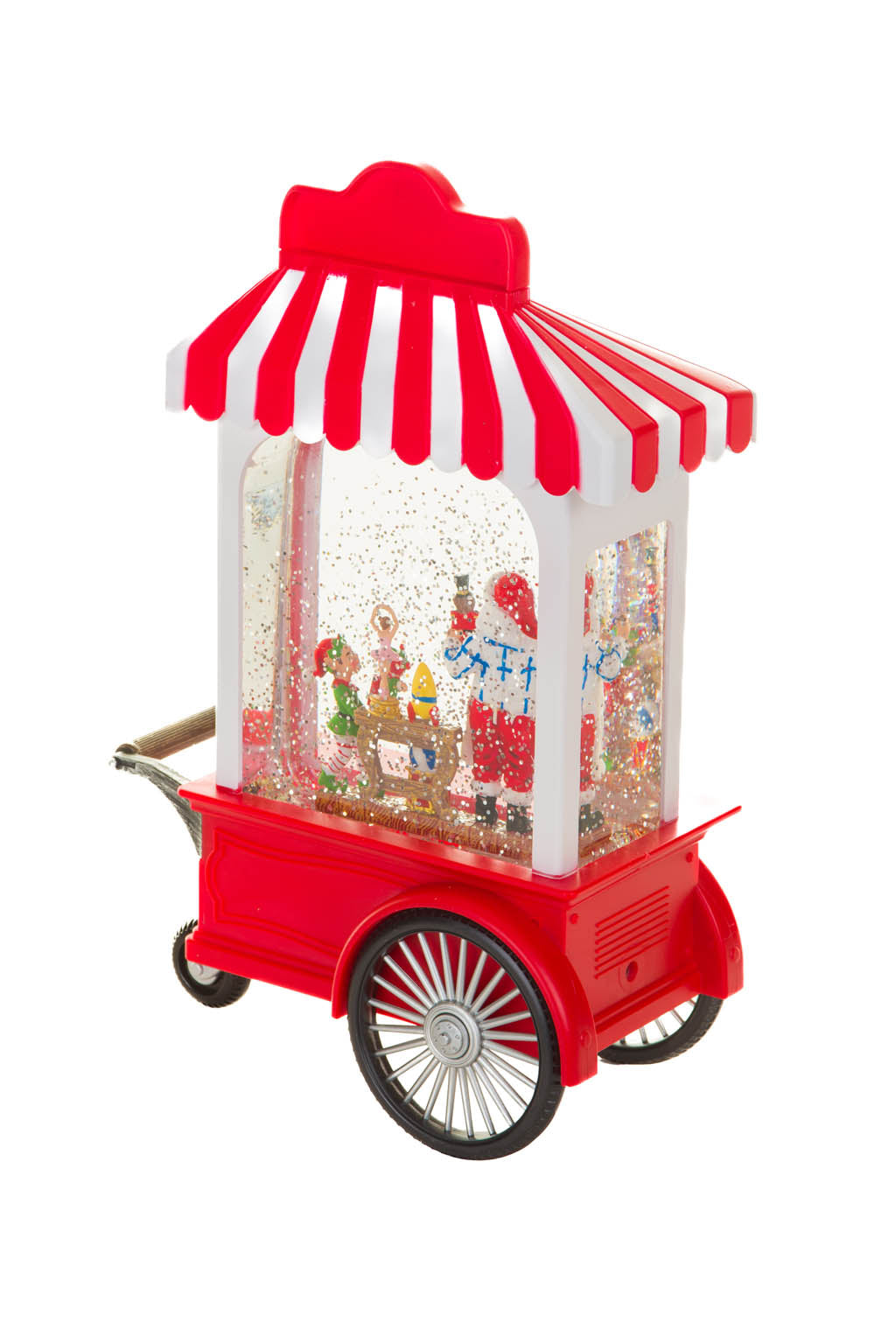 27" Candycane Red and White Plastic Santa's Workshop Cart Warm White LED Snow Globe with Toymakers