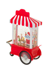 27" Candycane Red and White Plastic Santa's Workshop Cart Warm White LED Snow Globe with Toymakers