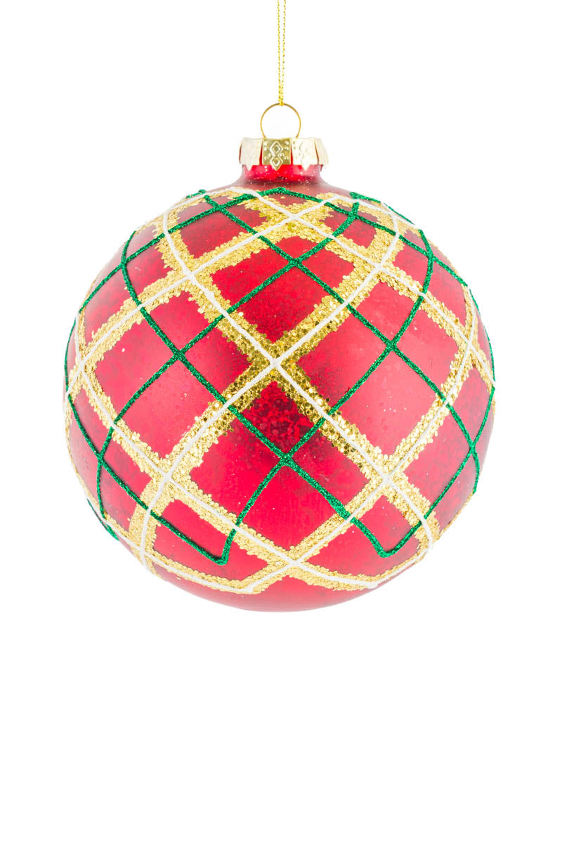 5" Hanging Plaid Red and Gold Glass Ball Ornament