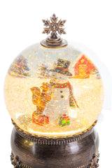 8" Brass Plastic Bauble Warm White LED Snow Globe with Snowman and Swirling Glitter