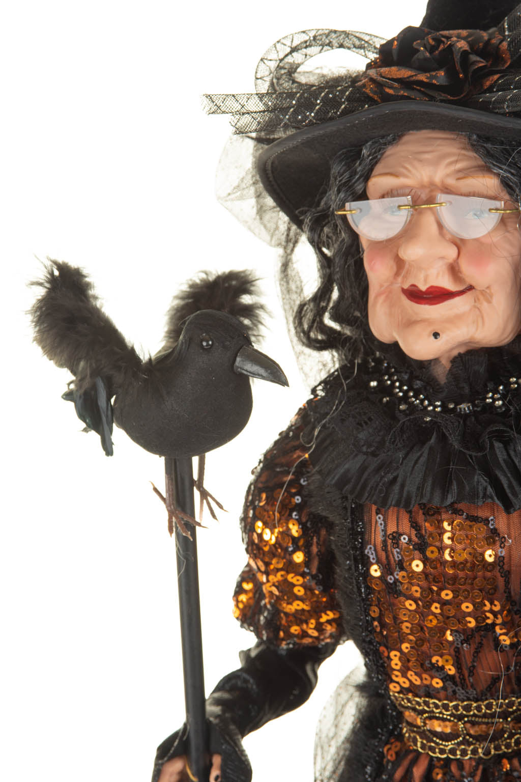 36" Sequin Black and Orange Polyester Regal Witch Figure with Crow Staff