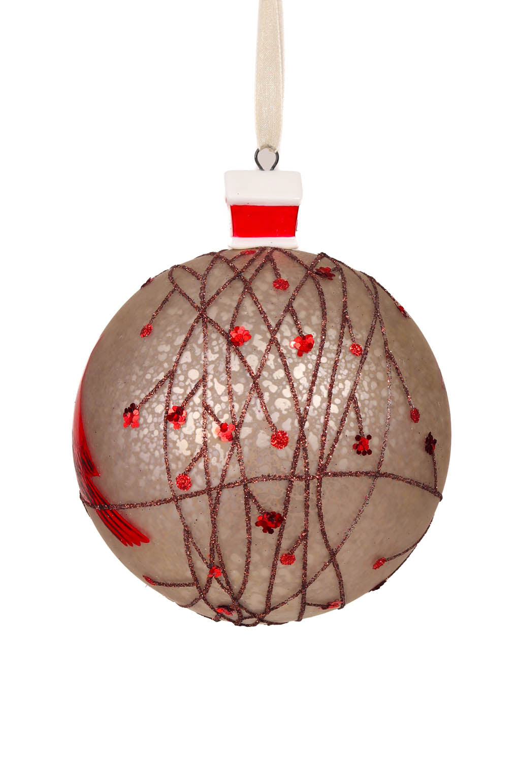 4.3" Hanging Gray and Red Porcelain Ball Ornament with Cardinal