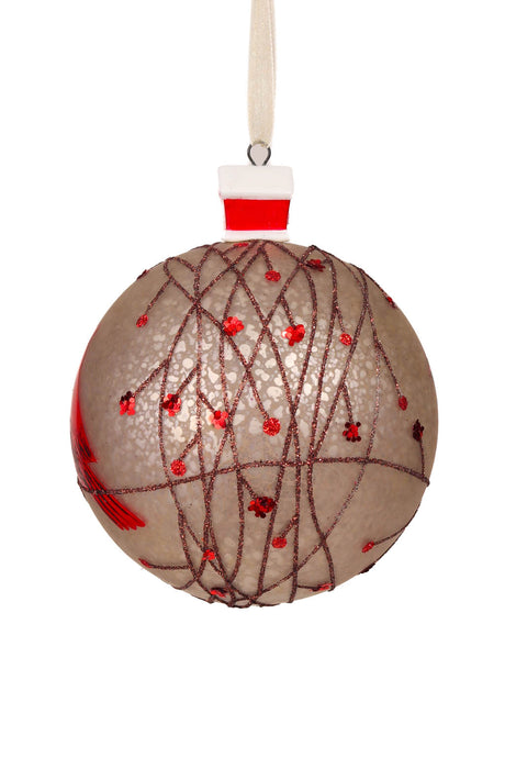 4.3" Hanging Gray and Red Porcelain Ball Ornament with Cardinal
