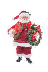 10.5" Plump Red Cloth Santa Figurine Holding Wreath
