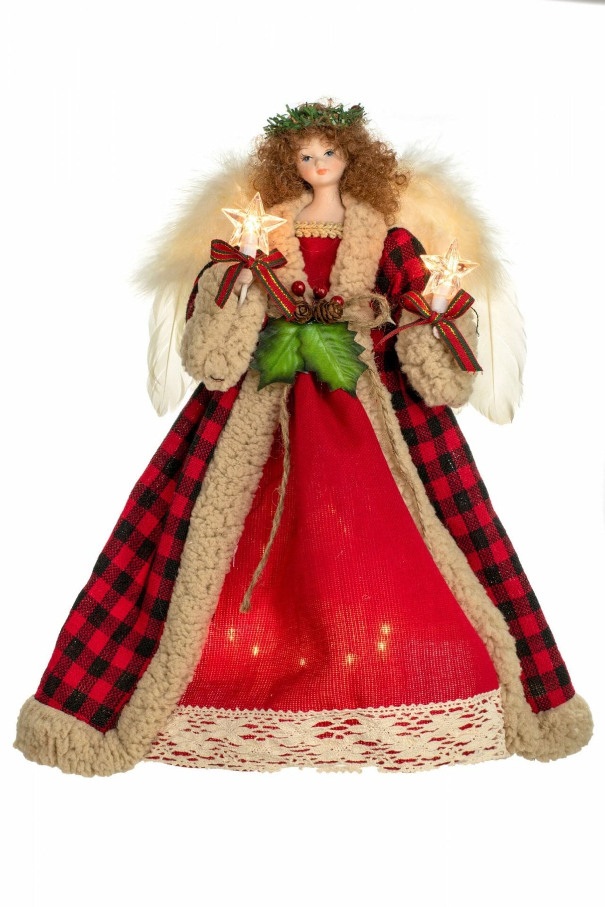 14" Red and Black Cloth Brown Hair 10-Light Angel Tree Topper with Laurel Wreath