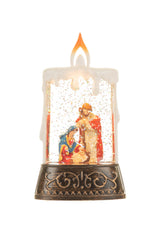 14.5" Bronze and White Plastic Candle Warm White LED Snow Globe with Baby Jesus