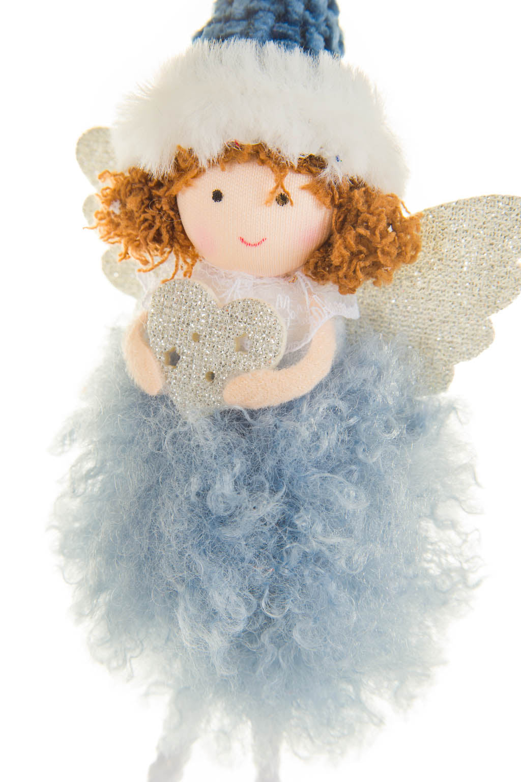 8.25"Hangable Navy and Silver Cotton Cozy Angel Ornament with Fluffy Trunk