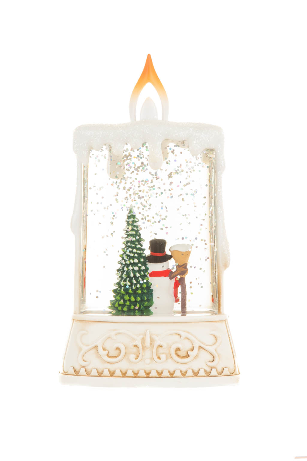 14.5" Beige and White Plastic Candle Warm White LED Snow Globe with Snowman