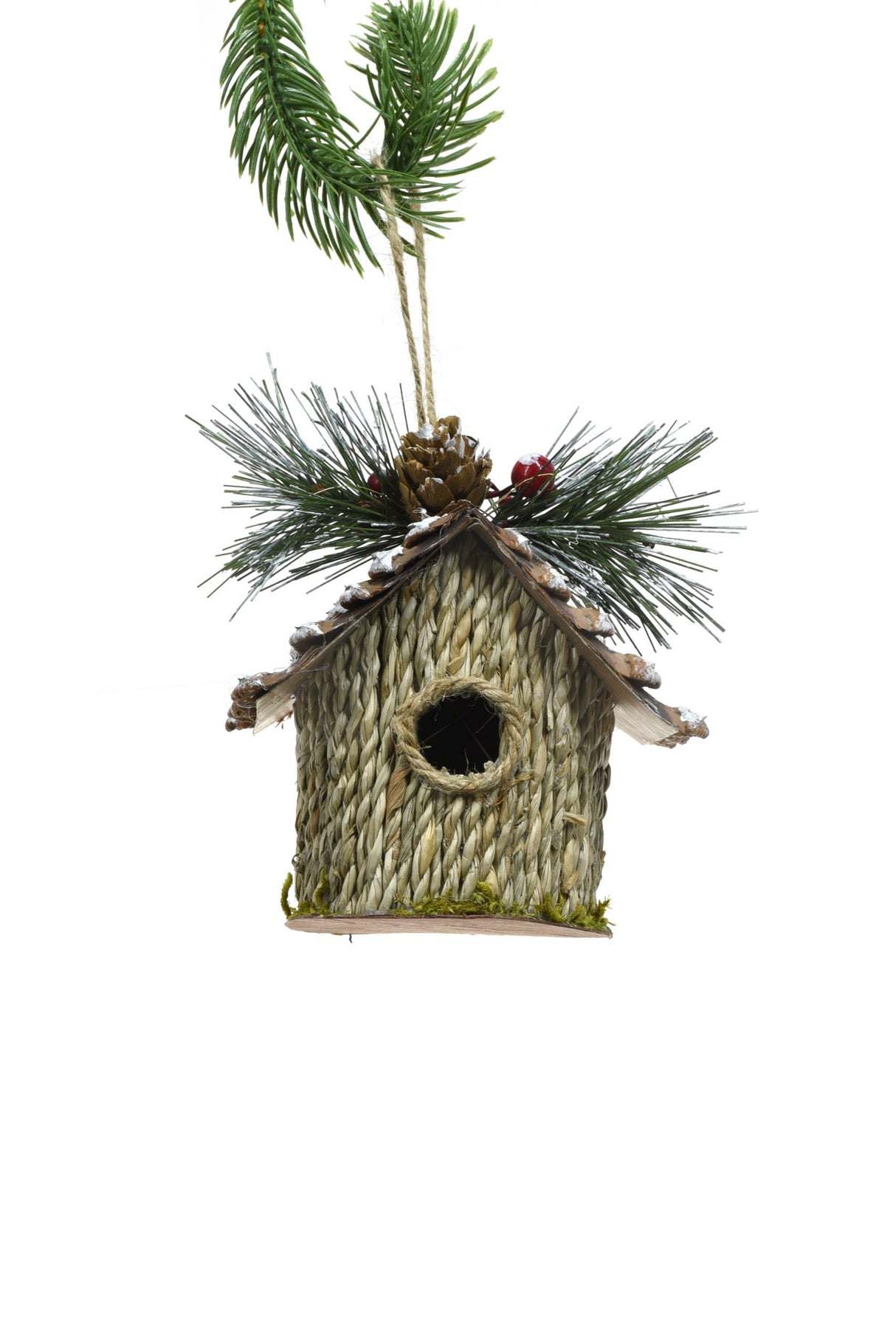 4.5" Hanging Taupe Straw Rustic Birdhouse Ornament with Cone-Thatched Roof